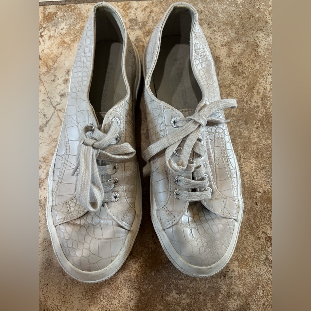 Superga Cream Taupe Crocodile-Embossed Low-Top minimalist Sneakers - Picture 3 of 7